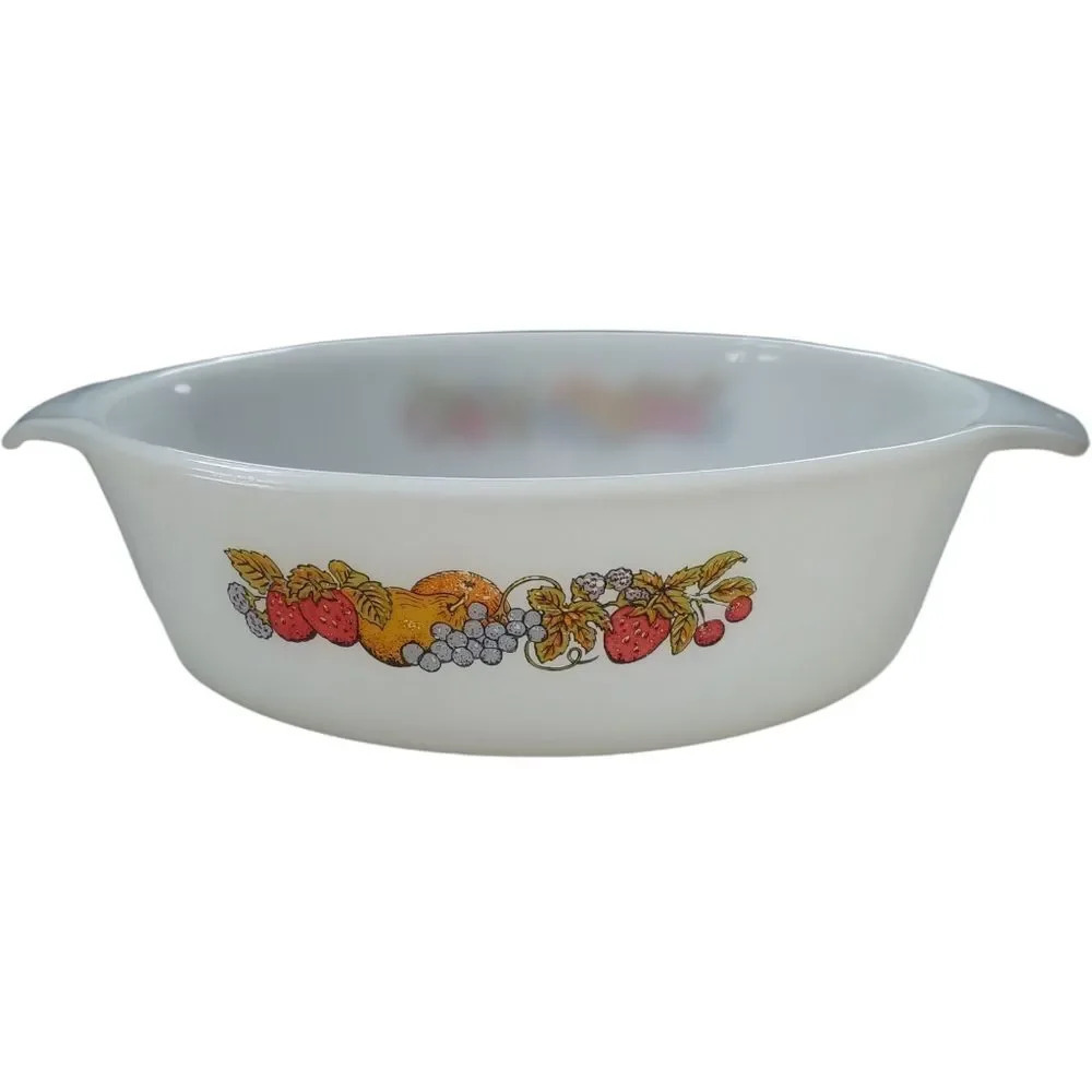 Anchor Hocking Milk Glass Casserole Dish Fruit Theme 1.5 Quart Round